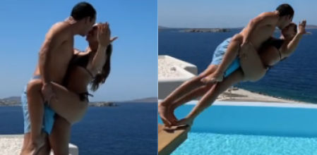 Issabela Vásquez y su novio anunciando su compromiso en un piscina