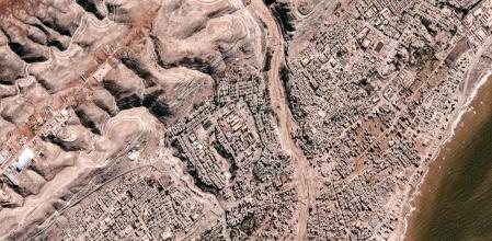 This handout satellite picture created and released by BlackSky on September 13, 2023 shows a general view of destruction in the wake of floods after the Mediterranean storm