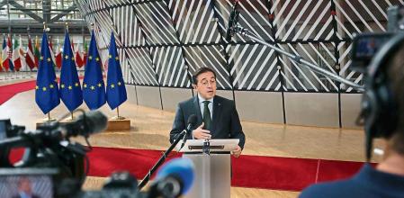 Brussels (Belgium), 19/09/2023.- Spanish Foreign Minister Jose Manuel Albares Bueno gives a press statement on the inclusion of Catalan, Basque and Galician in the EU's language regime during the European General Affairs Council meeting in Brussels, Belgium, 19 September 2023. (Bélgica, Bruselas) EFE/EPA/OLIVIER HOSLET