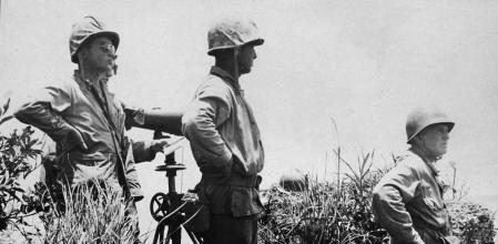 The last photograph of American Army Lieutenant general Simon Bolivar Buckner (1886 - 1945) commander of the Tenth Army and the overall invasion of Okinawa, June 1945. Buckner was killed on June 18 by Japanese artillery during a visit to observe the front line. (Photo by Hulton Archive/Getty Images)