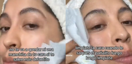 La mujer muestra como se limpia con un pañal