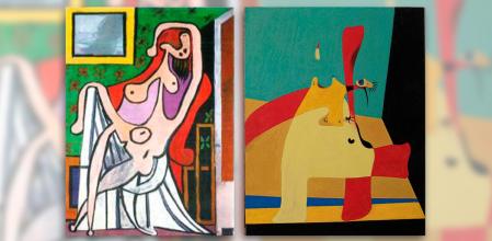 'Gran desnudo en una butaca roja', 1929, de Picasso, y 'Flama en l'espai i dona nua'', 1932, de Joan Miró
