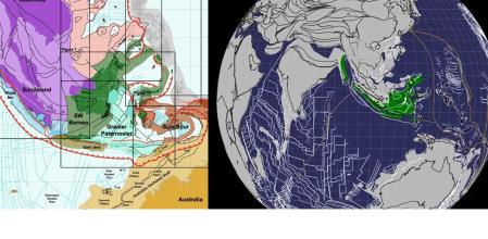 Restos de Argolandia, en verde (en ambas simulaciones del norte de Australia) separados de la masa continental hace unos 150 millones de año  .