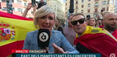 La periodista y el cámara de ÀPunt no han podido realizar su trabajo ante la presión de un grupo de manifestantes ante la sede del PSPV en València.