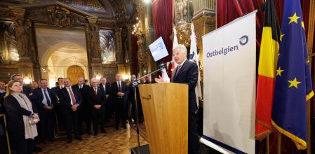 European Commissioner for Justice, and Commissioner for Competition Didier Reynders delivers a speech during the celebration of the Deutschsprachige Gemeinschaft Belgiens (German-speaking community of Belgium) feast, at the Monnaie - Munt Theatre, in Brussels, on November 15, 2023, for the fifty's anniversary of the German-speaking community. (Photo by BENOIT DOPPAGNE / Belga / AFP) / Belgium OUT