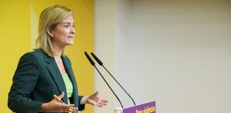 La portavzo de ERC Raquel Sans, en la rueda de prensa de este mediodía