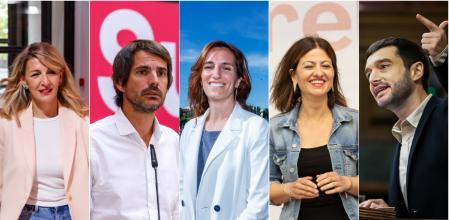 De izquierda a derecha: Yolanda Díaz, Ernest Urtasun, Mónica García, Sira Rego y Pablo Bustinduy