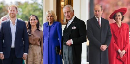 El príncipe Enrique y Meghan Markle, duques de Sussex. Los reyes Carlos III y Camila. Los príncipes Guillermo y Catalina de Gales.