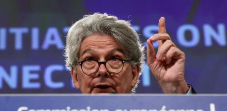 FILE PHOTO: European Internal Market and Industry Commissioner Thierry Breton speaks at a news conference in Brussels, Belgium February 23, 2023. REUTERS/Yves Herman/File Photo