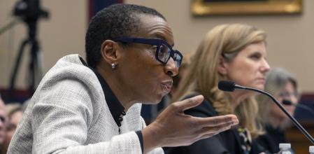 Harvard President Claudine Gay, left, speaks as University of Pennsylvania President Liz Magill listens, during a hearing of the House Committee on Education on Capitol Hill, Tuesday, Dec. 5, 2023 in Washington. (AP Photo/Mark Schiefelbein)