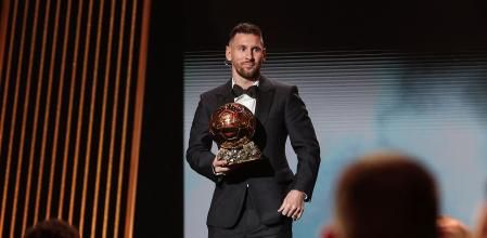 (FILES) Inter Miami CF's Argentine forward Lionel Messi holds his trophy on stage as he receives his 8th Ballon d'Or award during the 2023 Ballon d'Or France Football award ceremony at the Theatre du Chatelet in Paris on October 30, 2023. (Photo by FRANCK FIFE / AFP)
