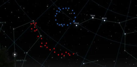 Representación de cómo aparecerían en el cielo las estructuras del Gran Anillo y del Arco Gigante si pudiesen ser observables