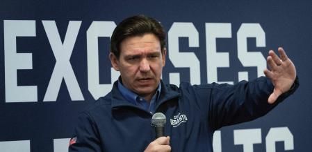 US Republican presidential candidate Florida Governor Ron DeSantis speaks at the Northside Conservatives Club during a campaign stop in Ankeny, Iowa, on January 12, 2024. The pivotal Iowa caucuses on January 15, 2024, are considered crucial for winnowing the field in the US Republican presidential nominating contest, giving those left standing a springboard for the rest of the race. (Photo by Jim WATSON / AFP)