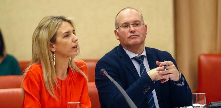 MADRID, 24/01/2024.- La diputada del PP Cayetana Álvarez de Toledo y su compañero de formación Miguel Tellado durante la reunión de la Diputación Permanente para debatir la solicitud del PP de comparecencia urgente del presidente del Gobierno, para explicar sus pactos con Junts, este miércoles en Madrid. EFE/ J.P.Gandul