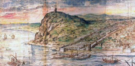 La montaña de Montjuïc, en una representación de Barcelona de 1563, por Anthonis van den Wyngaerde
