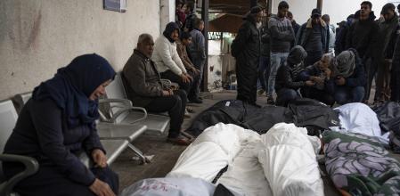 Palestinians mourn relatives killed in the Israeli bombardment in Rafah, Gaza Strip, Saturday, Feb.10, 2024. (AP Photo/Fatima Shbair)