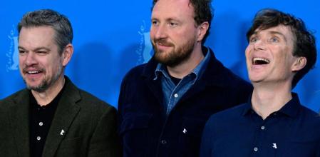 (L-R) US producer and actor Matt Damon, Belgian director Tim Mielants and Irish actor and producer Cillian Murphy pose during the photo call for the film 'Small Things Like These' presented in competition prior to the opening of the 74th Berlinale, Europe's first major film festival of the year, in Berlin on February 15, 2024. 'Small Things Like These', a drama about Ireland's notorious laundries used as prison camps for 'fallen' young women, will celebrate its world premiere during the opening of Berlin's international film festival on February 15. (Photo by John MACDOUGALL / AFP)