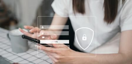 woman typing login and password in the concept of cyber security, information security, data protection, and encryption for secure access to user's personal information.