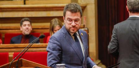 El president Pere Aragonès, este martes justo antes de arrancar su intervención