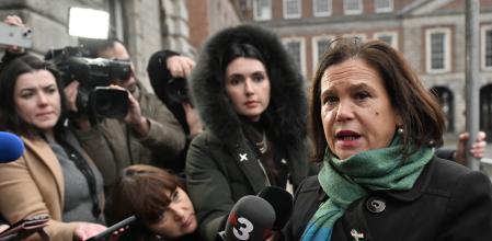 DUBLIN, IRELAND - MARCH 9: Sinn Fein leader Mary Lou McDonald speaks to the media outside Dublin castle following the referendum on March 9, 2024 in Dublin, Ireland. Counting is under way after two referendums were held on family and care in the Republic of Ireland. The votes, held on International Women's Day, sought views on amending two parts of the Irish constitution. One change could alter the definition of family to include families not based on marriage, while the other could remove reference to women in the home. Counting started at 09:00 local time with results expected later today. Political experts are now suggesting a no vote for both proposals. (Photo by Charles McQuillan/Getty Images)