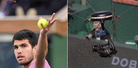 Alcaraz, antes de realizar un saque con una abeja sobre su cabeza y la cámara que quedó rodeada.