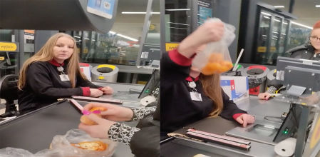 La cajera le devolvió la jugarreta a la clienta con los huevos