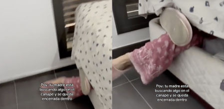Enseña cómo su madre está buscando algo en el canapé de la cama y se queda encerrada dentro