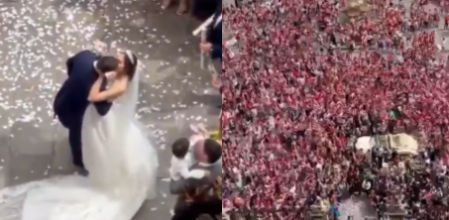 La pareja fue sorprendida por los fans del Athletic al salir de la iglesia