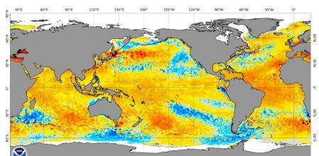 Las temperaturas medias en la zona ecuatorial del océano Pacífico (con datos del 16 de abril) indican la finalización del episodio del Niño 2023-24 (los tonos anaranjados muestran temperaturas más altas de lo normal, por ejemplo en el Atlántico y el Mediterráneo)  .
