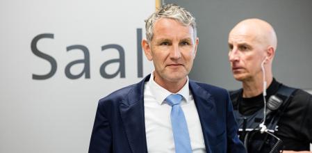 Halle (Germany), 18/04/2024.- Bjoern Hoecke (L), a former history teacher and current leader of the far-right Alternative for Germany (AfD) political party in the state of Thuringia, arrives for the first day of his trial for using Nazi-era terminology, at the court in Halle, Germany, 18 April 2024. Prosecutors accuse Hoecke of having concluded a political rally in Merseburg in 2021 by yelling out 'Alles fuer Deutschland' ('Everything for Germany'), a slogan used by Nazi-era SA stormtroopers, the use of which is a felony in modern Germany. The state of Thuringia is among three eastern German states scheduled to hold state elections in September 2024, and in all three the AfD is currently leading in polls. (Elecciones, tormenta, Alemania)