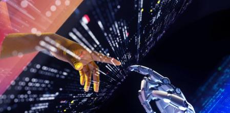 Digital generated image of hand with dark skin tone going through portal and touching robotic hand. Metaverse and Web3.0 concept.