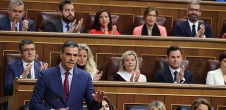 El presidente del Gobierno, Pedro Sánchez, interviene durante una sesión de control al Gobierno, en el Congreso de los Diputados, a 24 de abril de 2024, en Madrid (España).