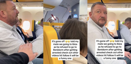 Su amigo le hace creer que viajan a Ibiza y cuando descubre que su destino es Benidorm intenta bajarse del avión