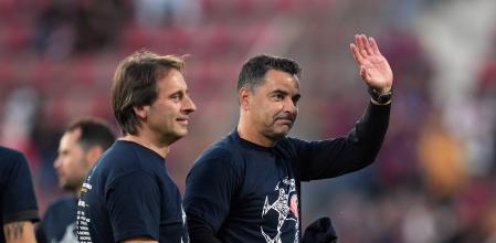 GIRONA, SPAIN - MAY 04: Michel, Head Coach of Girona FC, shows appreciation to the fans whilst wearing a UEFA Champions League shirt following victory in the LaLiga EA Sports match between Girona FC and FC Barcelona at Montilivi Stadium on May 04, 2024 in Girona, Spain. (Photo by Alex Caparros/Getty Images) (Photo by Alex Caparros/Getty Images)