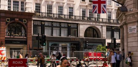 Construction work at Regent Street in central London, UK, on Friday, May 10, 2024. The UK's economy bounced back strongly from a shallow recession at the end of last year, providing some relief for Prime Minister Rishi Sunak who has so far struggled to deliver on his promise to revive growth. Photographer: Jose Sarmento Matos/Bloomberg