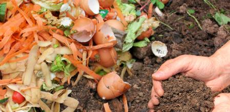 Una persona haciendo compost en su jardín.