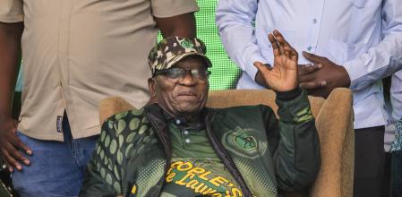FILE - Former South African President Jacob Zuma greets supporters at Orlando stadium in Soweto, Johannesburg, South Africa, for the launch of his newly formed uMkhonto weSizwe (MK) party's manifesto on May 18, 2024. South Africans will vote Wednesday to decide whether their country will take its most significant political step since the moment 30 years ago when it brought down apartheid and achieved democracy. (AP Photo/Jerome Delay, File)