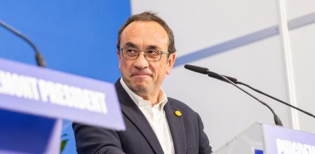 Josep Rull, en un acto de la campaña electoral de Junts, en Argelers