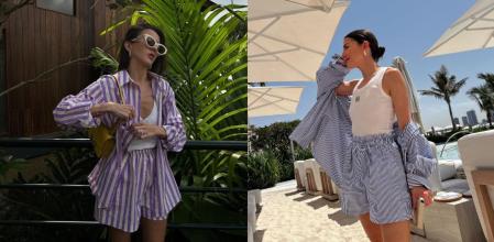 Alexandra Pereira utilizando pantalones pijameros cortos.