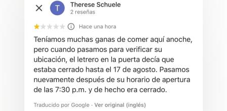 El zasca de un restaurante a una reseña que los critica por hacer vacaciones: 