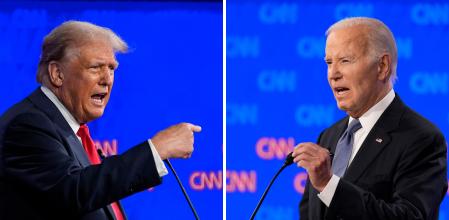 This combination of photos shows Republican presidential candidate former President Donald Trump, left, and President Joe Biden during a presidential debate hosted by CNN, Thursday, June 27, 2024, in Atlanta. (AP Photo/Gerald Herbert)