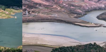 Comparativa del pantano de Sau entre el 1 de julio y el 1 de marzo, cuando se veía asomar en el agua el antiguo puente.