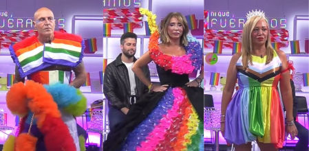 Kiko Matamoros, María Patiño y Belén Esteban con sus piezas en el desfile