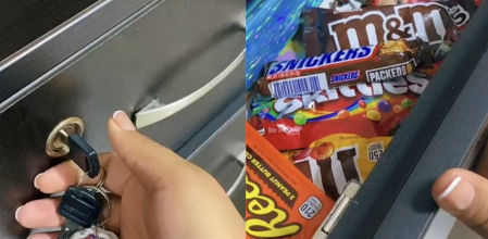 Un trabajador guarda comida en un cajón con llave