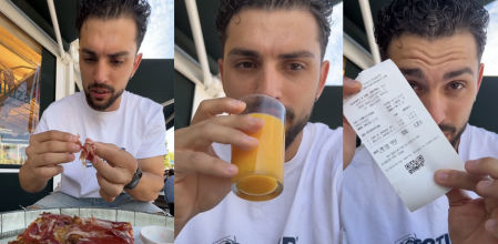 El cliente crítica el poco jamón que hay en la tostada en una cafetería de Madrid