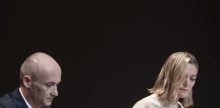 Oscar Maceiras, chief executive officer of Inditex SA, left, and Marta Ortega, chair of Inditex SA, at the annual general meeting (AGM) for shareholders at the company's headquarters in Arteixo, Spain, on Tuesday, July 9, 2024. Inditex has regained its fashion appeal with plans for more space raising sales and profit expectations. Photographer: Brais Lorenzo/Bloomberg