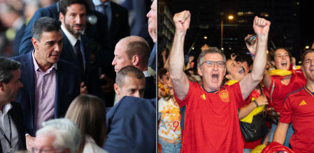 Pedro Sánchez, con el príncipe Guillermo, en la final de la Eurocopa en Alemania y Alberto Núñez-Feijóo, en la plaza de Colón de Madrid.