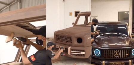 Un chico construye un mercedes de madera