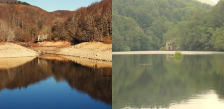 Imagen comparativa del pantano de Santa Fe el día 15 de diciembre de 2023 y el 16 de julio de 2024.