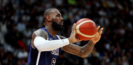 ABU DHABI, UNITED ARAB EMIRATES - JULY 15: LeBron James #6 of the United States in action during the second half of an exhibition game between the United States and Australia ahead of the Paris Olympic Games at Etihad Arena on July 15, 2024 in Abu Dhabi, United Arab Emirates. (Photo by Christopher Pike/Getty Images)